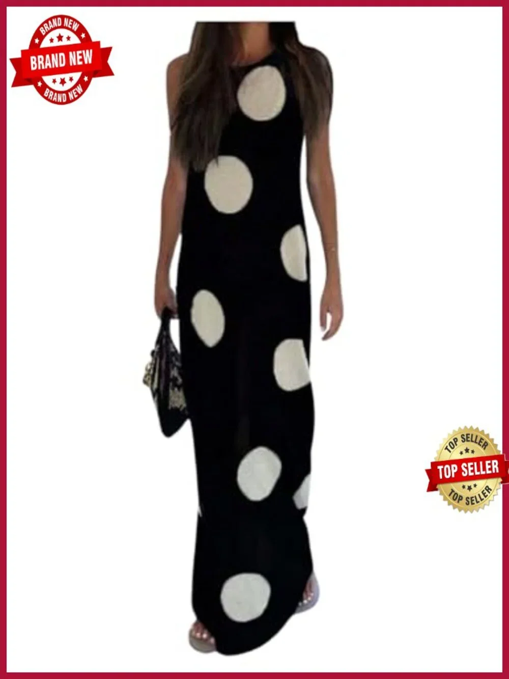Sleeveless Polka Dot Sweater Dress with Crew Neck, Maxi Length